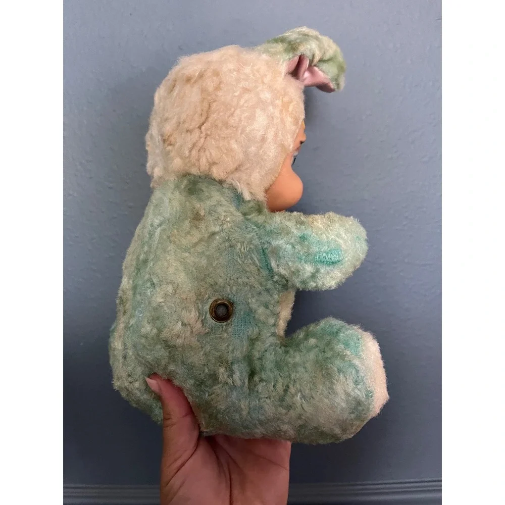 Vintage Rubber Face Pouting Bunny Plush Teal‎ White Sad Face Rushton Style 1950s